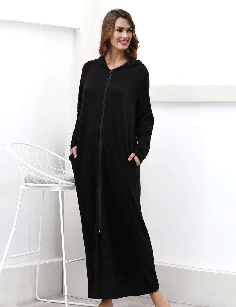 COLORFULLEAF Women's Zip Up Robes Long Sleeve Hooded Fleece Bathrobe Soft Warm Housecoat Loungewear with Pockets(Black,L) - Image 2